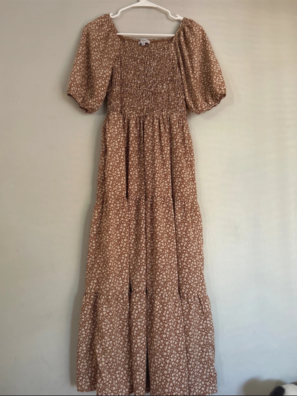 Polagram Brown Floral Smocked Maxi Dress with Puff Sleeves